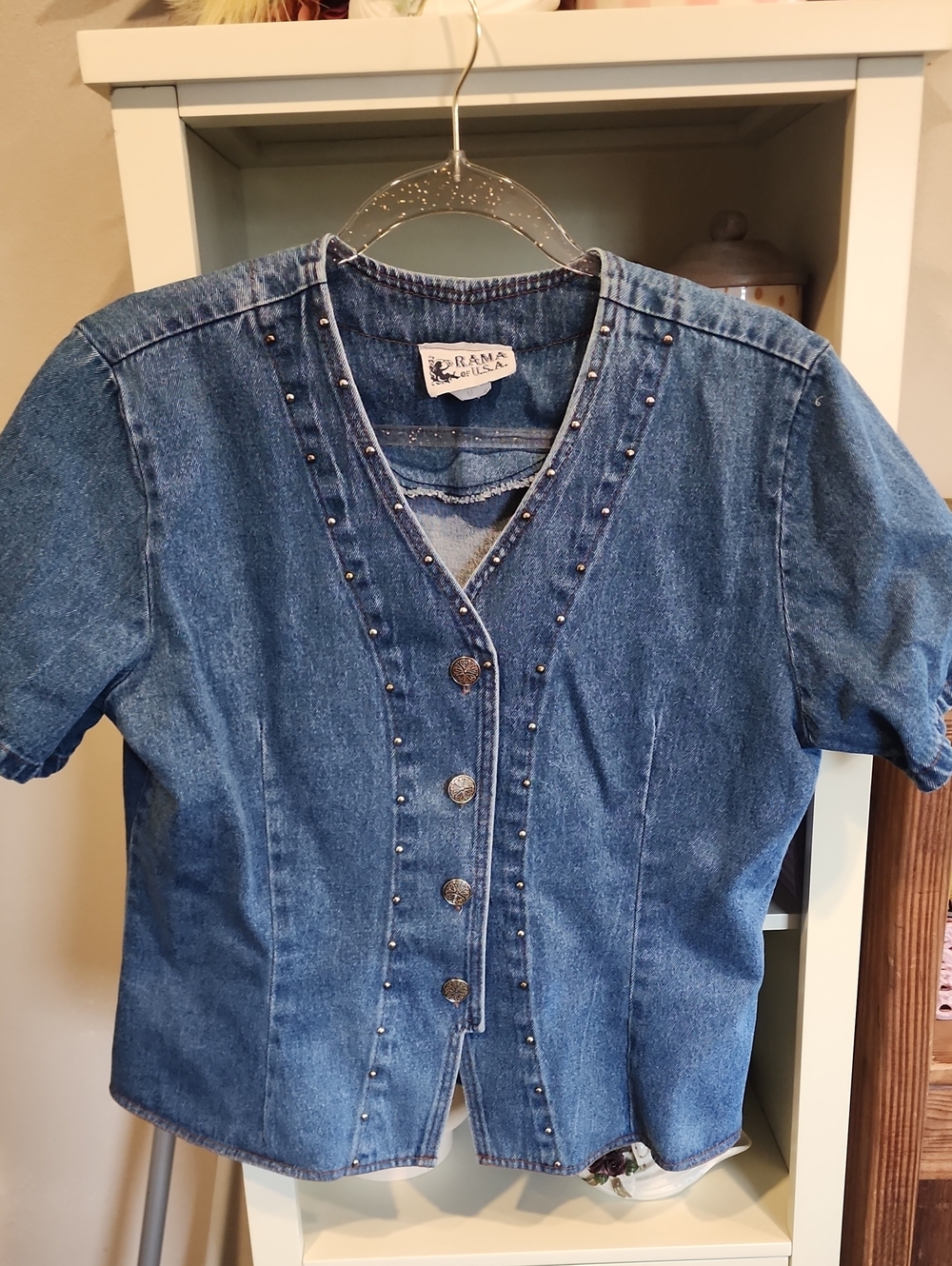 Vintage Denim Button-Front Short Sleeve Top - Blue
